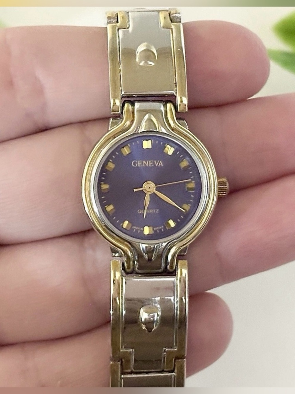 Classic Geneva Gold/Silver Two-Tone Watch Small Round Blue Dial-Modern Chic Cuff
